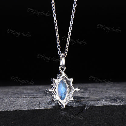 Celestial Moon Marquise Color-Change Alexandrite Necklace Halo Moissanite Rose Gold Wedding Necklace June Birthstone Pendant Promise Gift