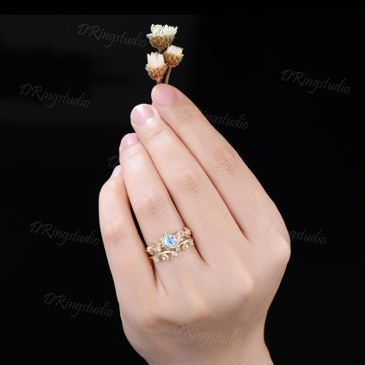 Yellow Gold 5mm Round Moonstone Engagement Ring Set Nature Inspired Crescent Moon Star Moissanite Wedding Ring 2pcs Leaf Vine Ring for Women
