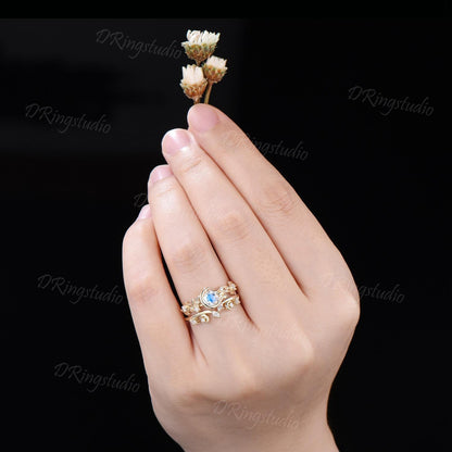 Yellow Gold 5mm Round Moonstone Engagement Ring Set Nature Inspired Crescent Moon Star Moissanite Wedding Ring 2pcs Leaf Vine Ring for Women