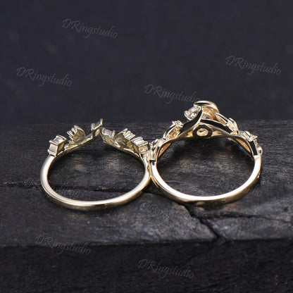 Yellow Gold 5mm Round Moonstone Engagement Ring Set Nature Inspired Crescent Moon Star Moissanite Wedding Ring 2pcs Leaf Vine Ring for Women