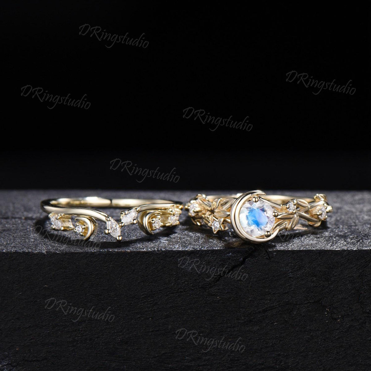 Yellow Gold 5mm Round Moonstone Engagement Ring Set Nature Inspired Crescent Moon Star Moissanite Wedding Ring 2pcs Leaf Vine Ring for Women