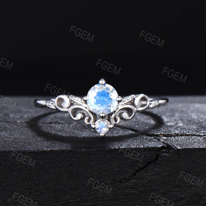 Vintage Pattern 5mm Round Cut Natural Moonstone Wedding Ring 10K White Gold Nature Inspired Leaf Branch Design Blue Moonstone Solitaire Ring