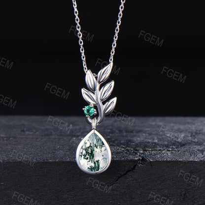 Dainty Olive Leaf Necklace 14k Yellow Gold Teardrop Moss Agate Pendant Nature Inspired Emerald Moss Chain Necklace Valentines Gift for Women