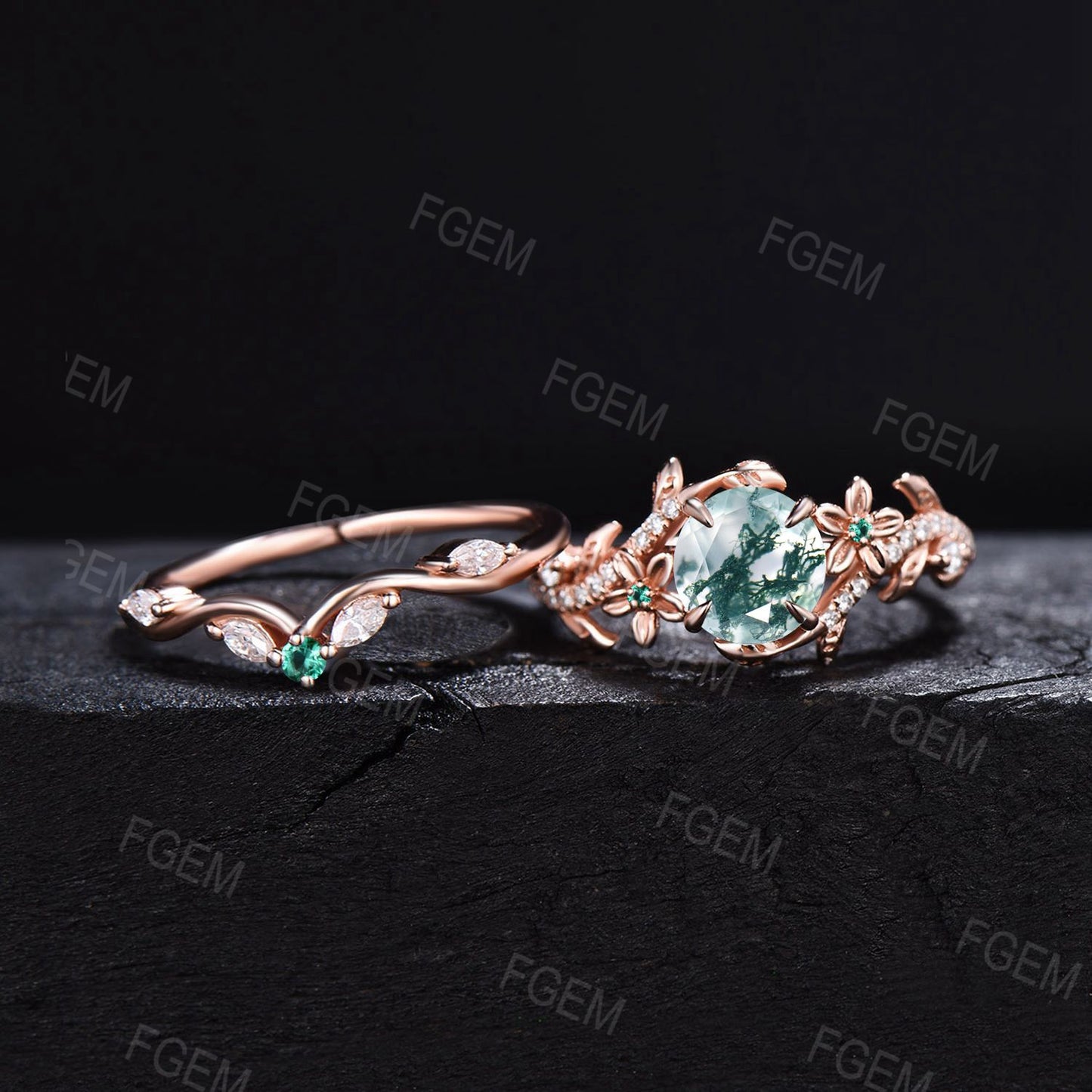 Nature Inspired Moss Agate Engagement Ring Set 1ct Round Natural Green Moss Ring Rose Gold Twig Leaf Moissanite Diamond Promise Ring Gifts