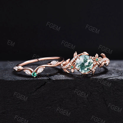 Nature Inspired Moss Agate Engagement Ring Set 1ct Round Natural Green Moss Ring Rose Gold Twig Leaf Moissanite Diamond Promise Ring Gifts