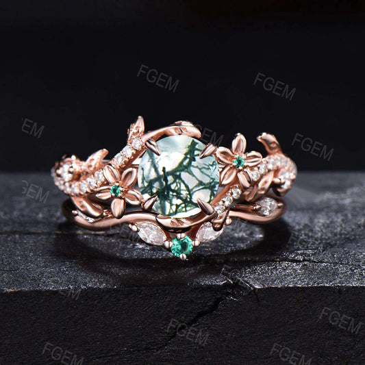 Nature Inspired Moss Agate Engagement Ring Set 1ct Round Natural Green Moss Ring Rose Gold Twig Leaf Moissanite Diamond Promise Ring Gifts