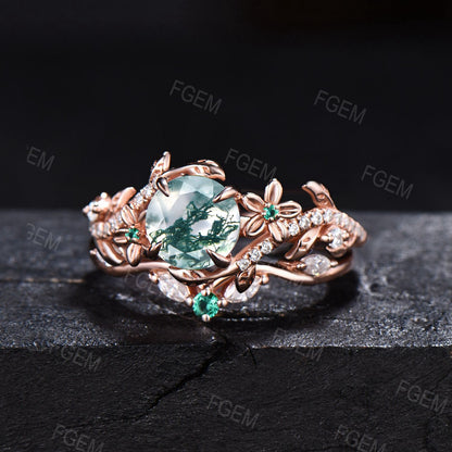 Nature Inspired Moss Agate Engagement Ring Set 1ct Round Natural Green Moss Ring Rose Gold Twig Leaf Moissanite Diamond Promise Ring Gifts