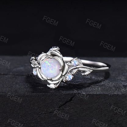 Gold Floral Engagement Ring 5mm Round Cut White Opal Twist Wedding Ring Nature Inspired Leaf Opal Jewelry Rose Flower Moonstone Promise Ring