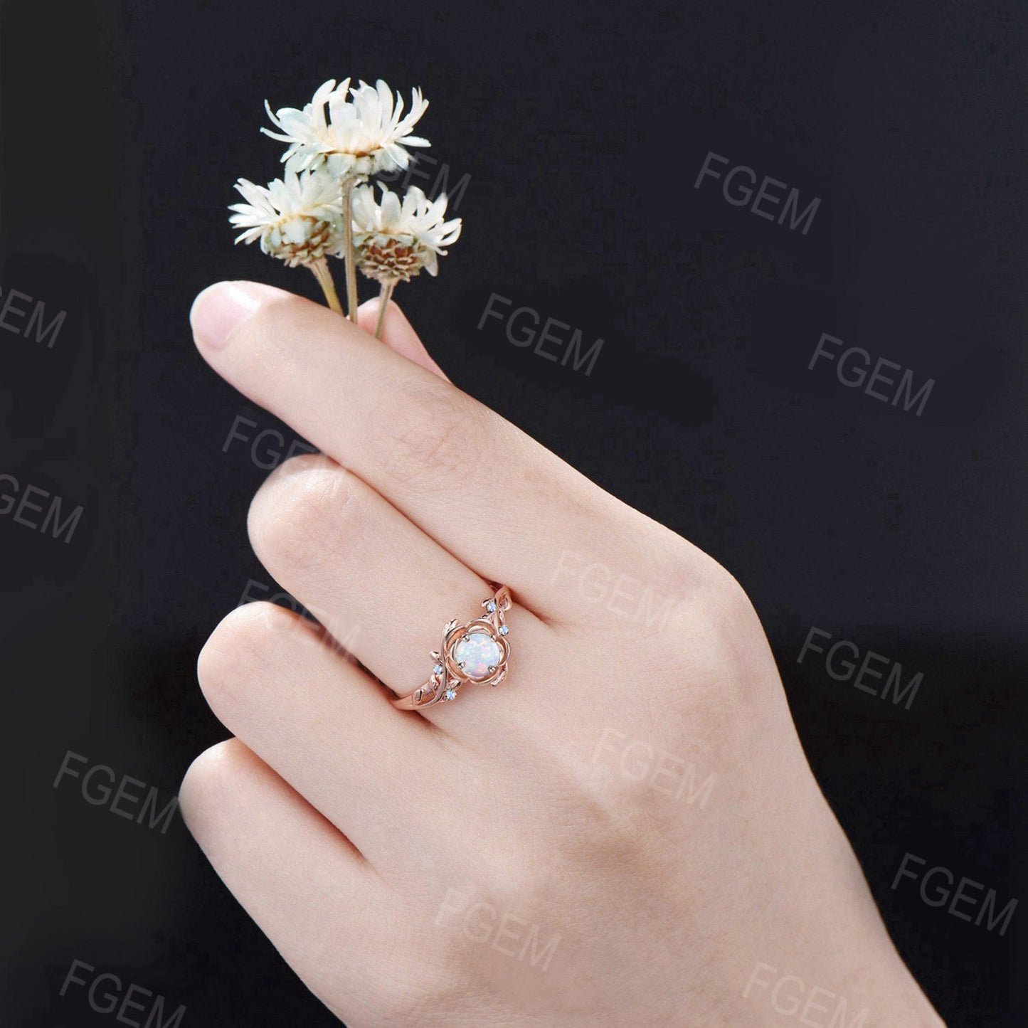 Gold Floral Engagement Ring 5mm Round Cut White Opal Twist Wedding Ring Nature Inspired Leaf Opal Jewelry Rose Flower Moonstone Promise Ring