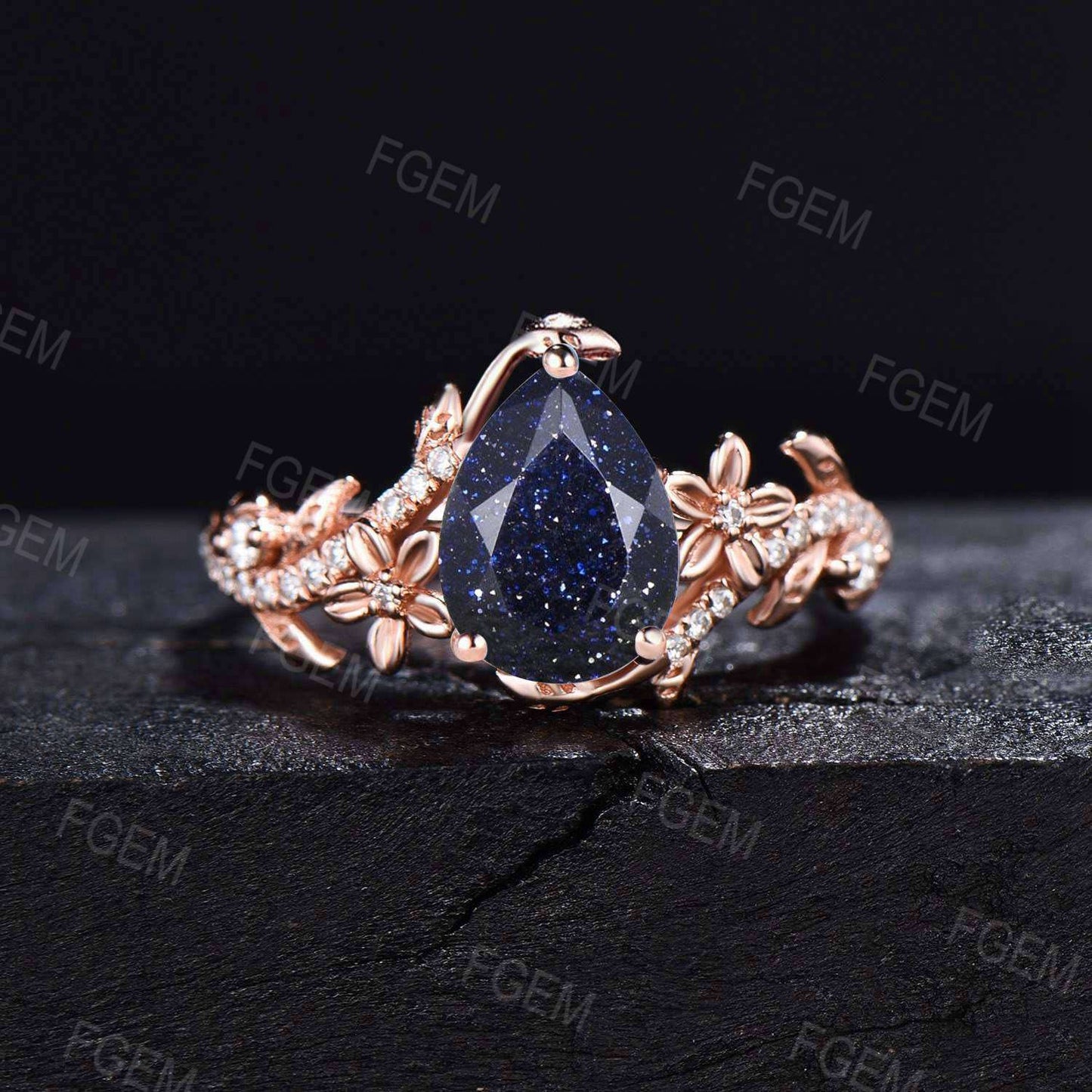 1.25ct Pear Blue Sandstone Engagement Ring Branch Vine Moissanite Ring Rose Gold Blue Goldstone Wedding Ring Floral Ring Anniversary Gift