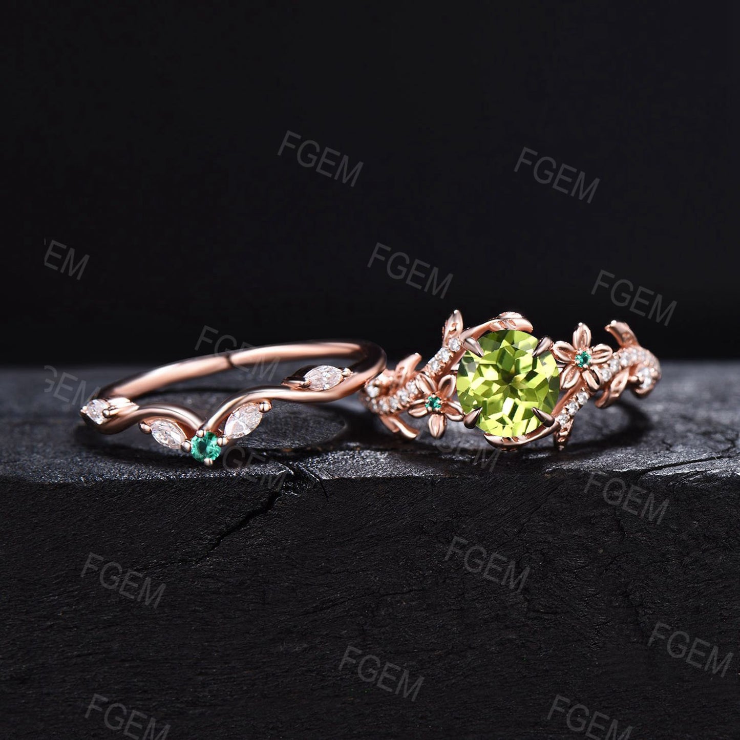 1CT Round Peridot Engagement Ring Set Nature Inspired Flower Green Emerald Bridal Ring Set Art Deco 14K Rose Gold Leaf Ring Anniversary Gift