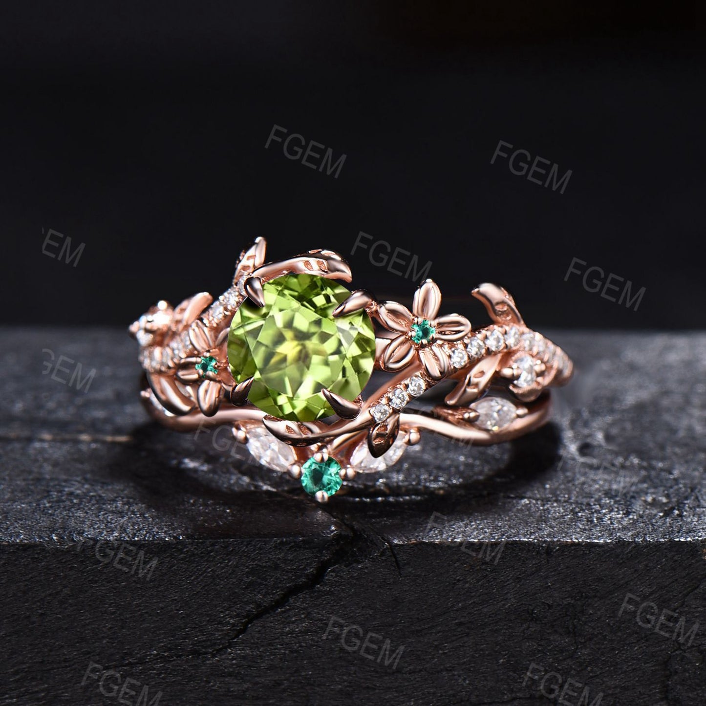 1CT Round Peridot Engagement Ring Set Nature Inspired Flower Green Emerald Bridal Ring Set Art Deco 14K Rose Gold Leaf Ring Anniversary Gift