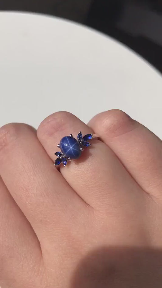 1.5ct Oval Cut Starry Sky Blue Star Sapphire Engagement Ring Blue Sapphire Cluster Wedding Ring Unique Handmade Proposal Gifts Platinum Ring