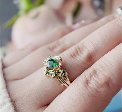 Rose Flower Engagement Ring Round Cut Green Emerald Wedding Ring 10K Rose Gold Floral Ring Nature Inspired Leaf Emerald Ring Promise Gift