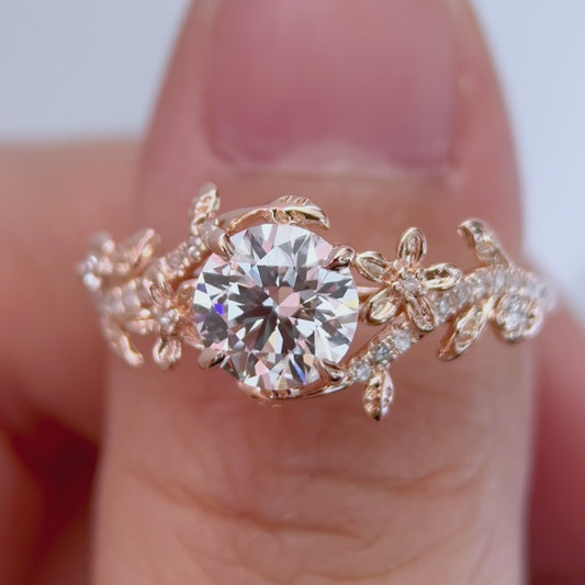 Nature Inspired Round Moissanite Engagement Ring Set Diamond Ring Set Branch Vine Rose Flower Moissanite Proposal Gifts Rose Gold Bridal Set