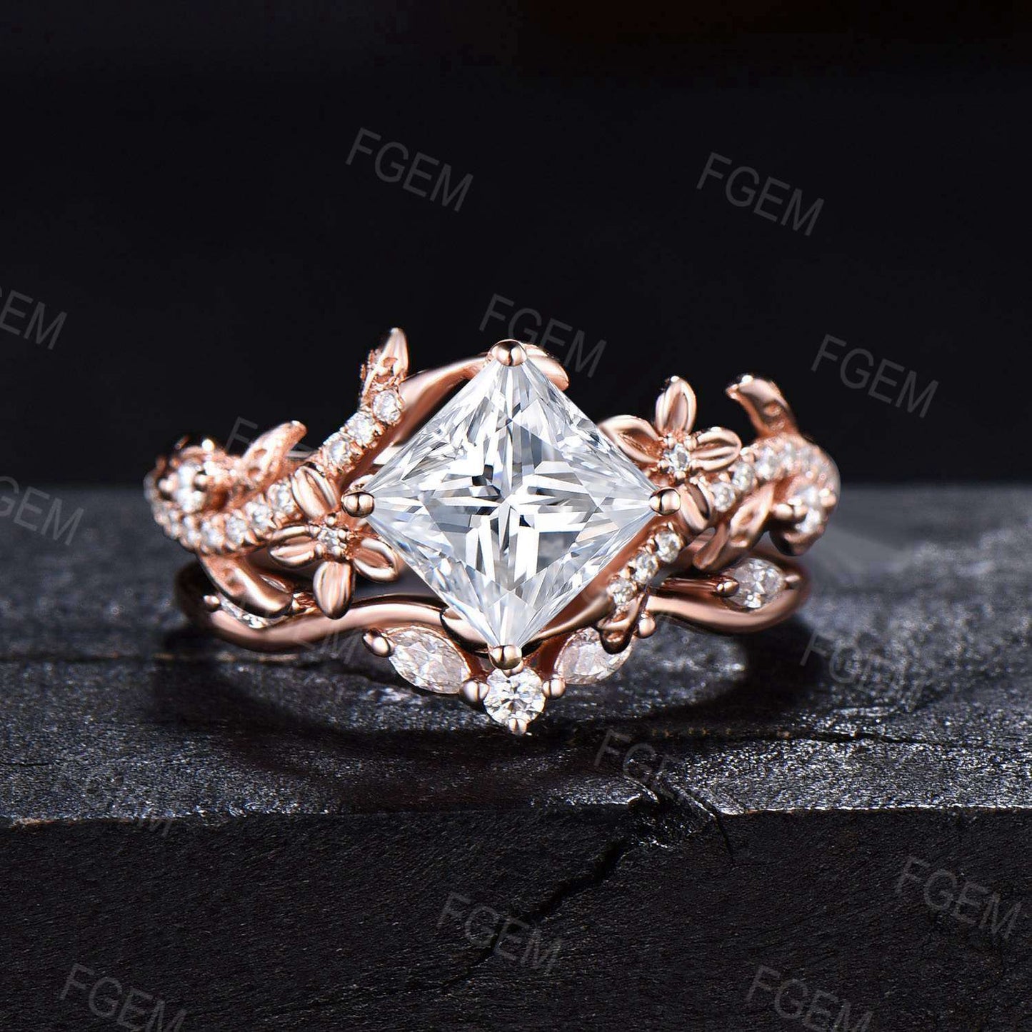 Rose Gold Flower Engagement Ring Dainty Twig Teardrop Moissanite Engagement Ring Set 14k Gold Leaf Vine Ring Unique Cluster Moissanite Ring