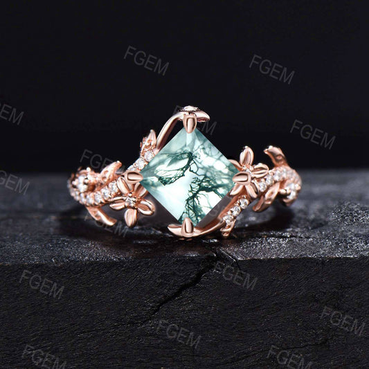 Unique Bypass Natural Moss Agate Ring Princess Cut Green Moss Engagement Ring Flower and Leaf Moissanite Wedding Ring Dainty Proposal Gifts