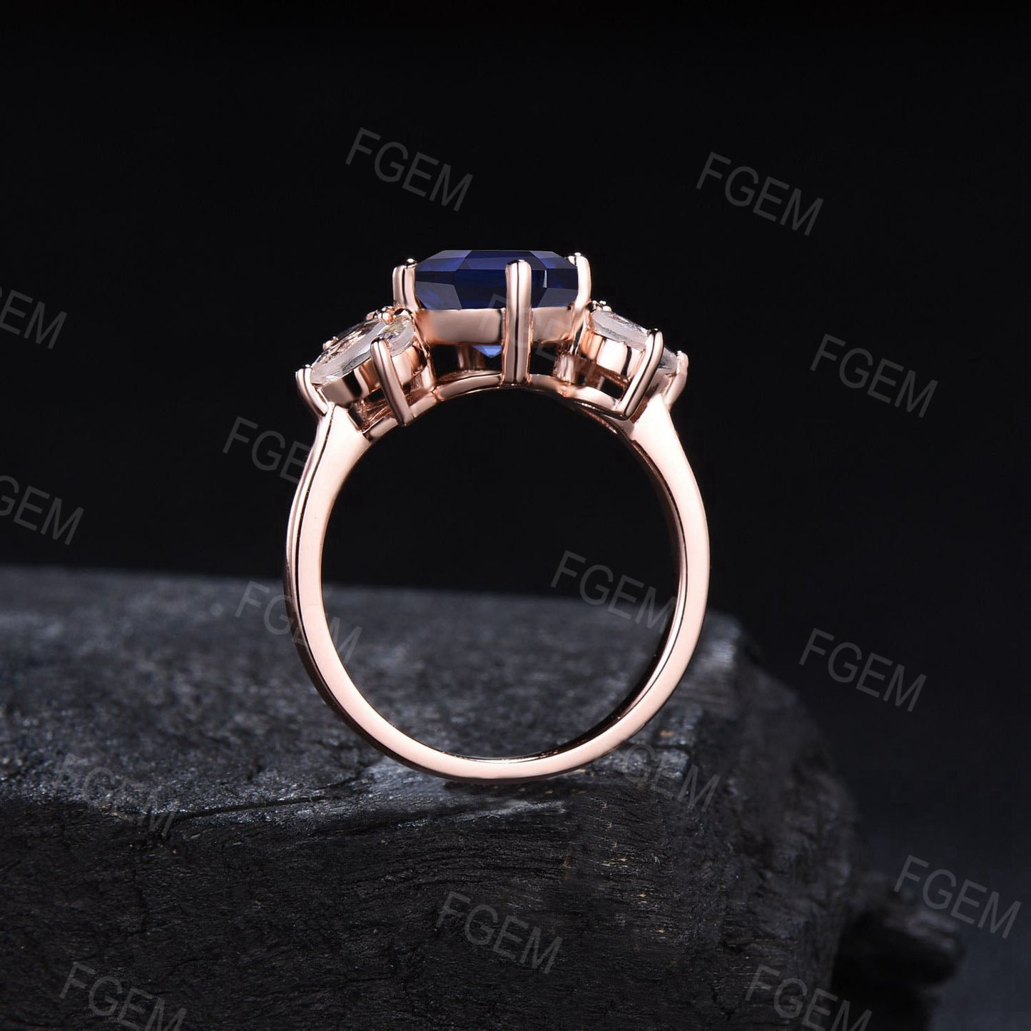 Kitten Round Blue Sapphire Engagement Ring Rose Gold Cat Wedding Ring Moonstone Sapphire Cluster Ring September Birthstone Cat Lover Gifts
