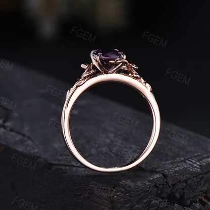 Sterling Silver Oval Cut Alexandrite Leaf Engagement Rings Color Change Alexandrite Jewelry Anniversary Gift June Birthstone Solitaire Ring