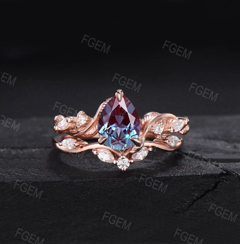 Nature Inspired 1.5ct Oval Color-Change Alexandrite Engagement Ring Set Twisted Band Moissanite Wedding Ring Leaf Vine Branch Bridal Sets