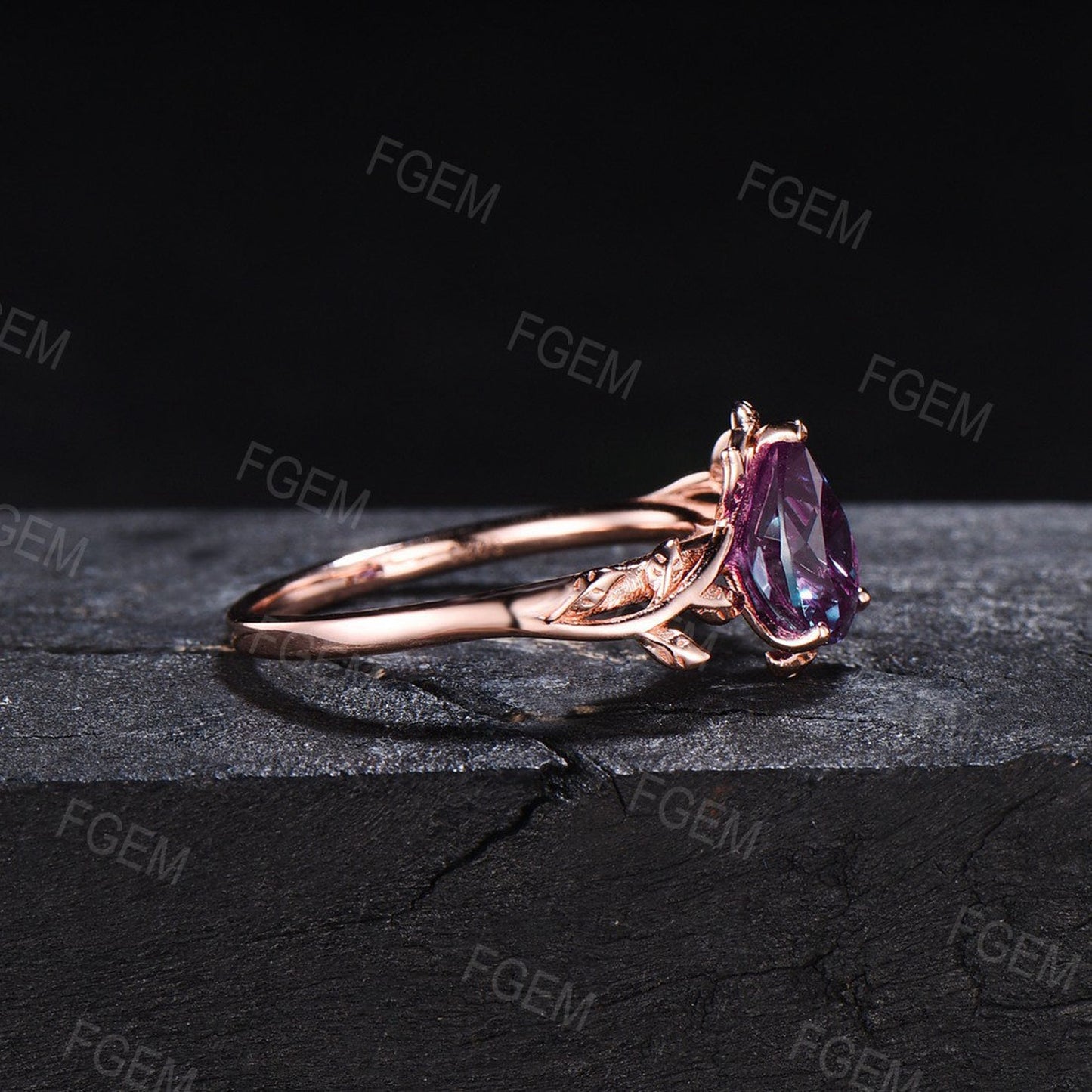 Nature Inspired Ring 1.25ct Pear Shaped Color-Change Alexandrite Engagement Ring Leaf Vine Ring Set Unique Solitaire Promise Ring For Women