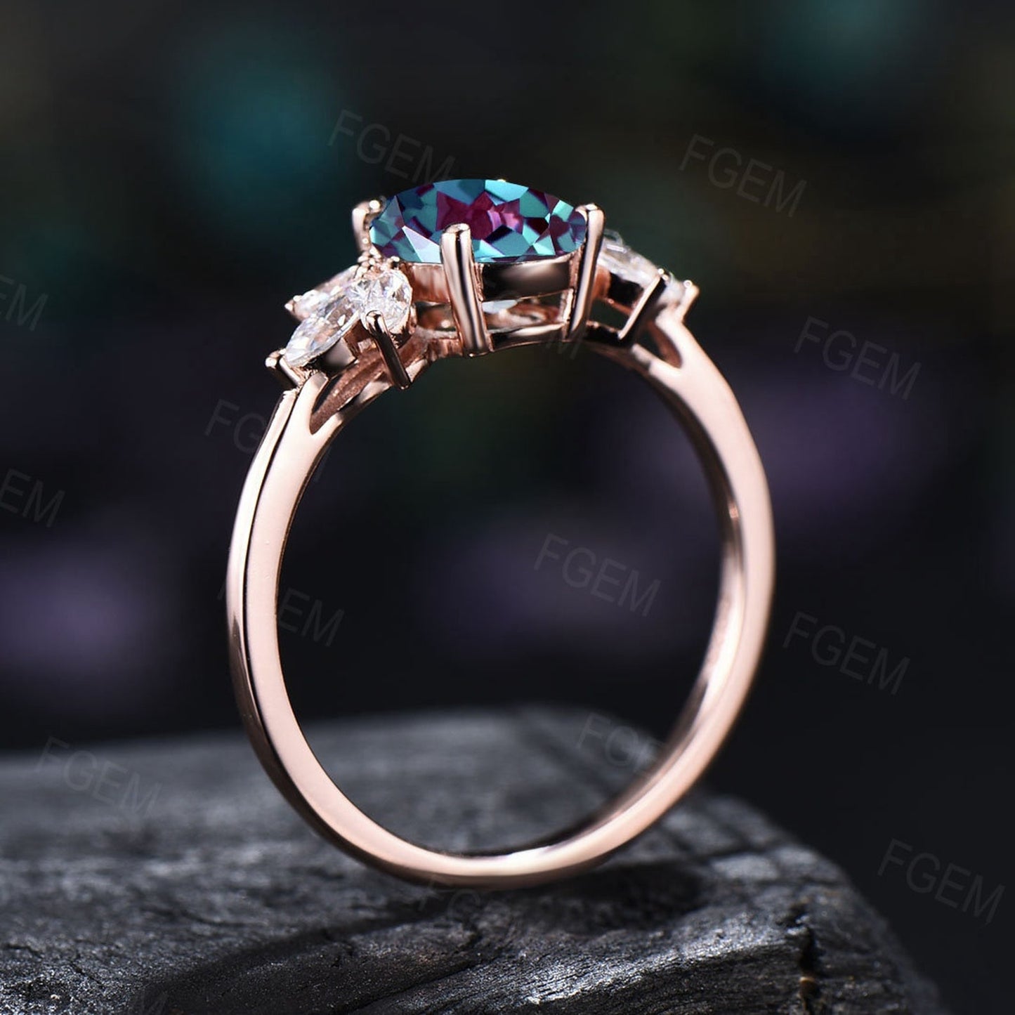 Oval Alexandrite Ring Vintage Sterling Silver Cluster Marquise Ring Rose Gold Alexandrite Engagement Ring Bridal Ring Birthday Gift Women