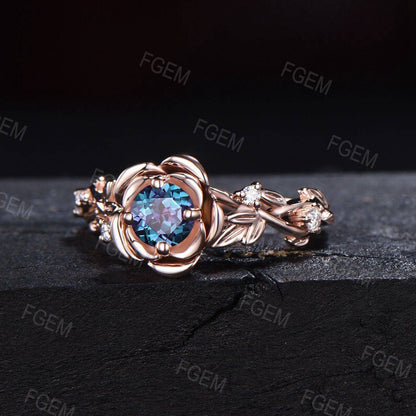Rose Flower Alexandrite Ring 5mm Round Color-Change Alexandrite Engagement Rings Leaf Floral Nature Moissanite Ring Unique Anniversary Gift