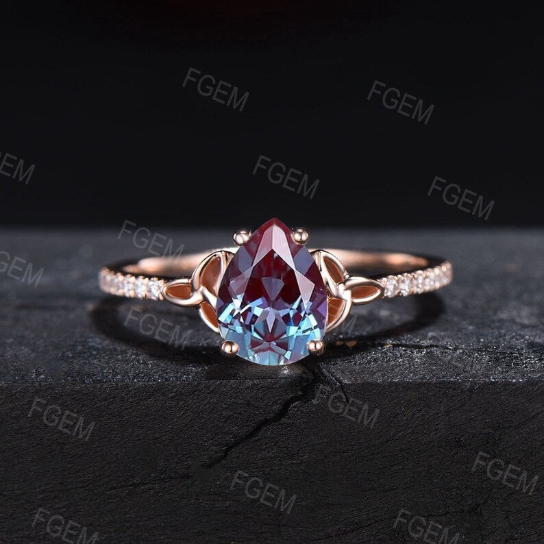 1.25ct Pear Cut Color-Change Alexandrite Engagement Ring Set Half Eternity Moissanite Band Trinity Knot Wedding Ring Alexandrite Bridal Set