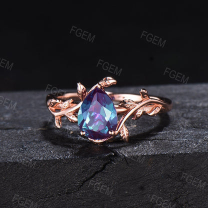 Nature Inspired Ring 1.25ct Pear Shaped Color-Change Alexandrite Engagement Ring Leaf Vine Ring Set Unique Solitaire Promise Ring For Women