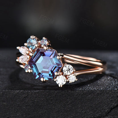 June Birthstone Ring for Women Color Change Alexandrite Cluster Engagement Ring Anniversary Gift For Her Split Shank Moissanite Wedding Ring