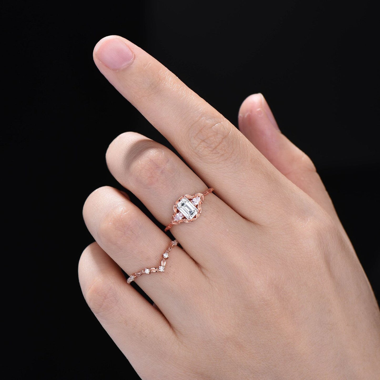 Nature Inspired Twig Moissanite Engagement Ring Set Emerald Cut Moissanite Diamond Three Stone Wedding Ring Leaf Vine Ring Branch Bridal Set