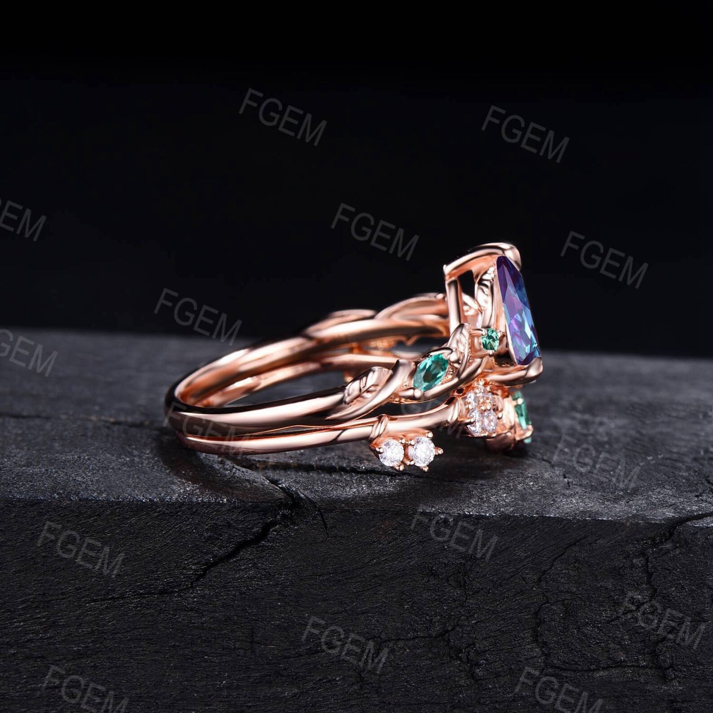 Twisted Engagement Ring Set 1.25ct Pear Twig Alexandrite Engagement Ring Set 14K Rose Gold Nature Inspired Branch Leaf Emerald Wedding Ring