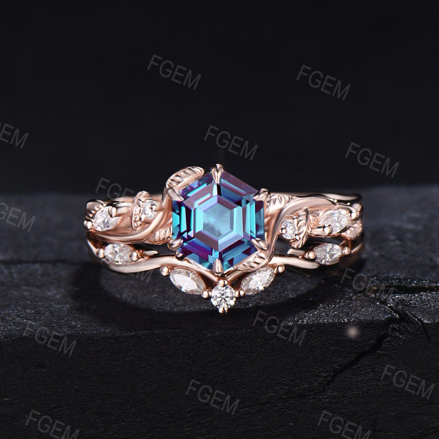 Nature Inspired 1.5ct Oval Color-Change Alexandrite Engagement Ring Set Twisted Band Moissanite Wedding Ring Leaf Vine Branch Bridal Sets