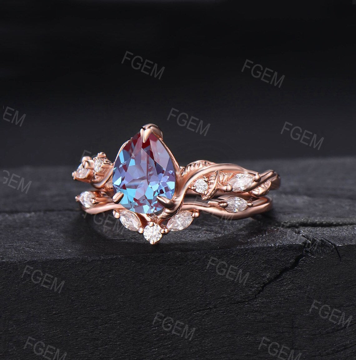 Nature Inspired Alexandrite Bridal Set Pear Color-Change Alexandrite Engagement Ring Twist Leaf Vine Wedding Ring Set Unique Promise Rings