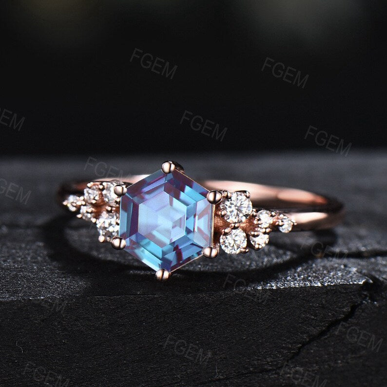 Snowdrift Engagement Ring Hexagon Alexandrite Ring Color Change Stone Alexandrite Wedding Ring June Birthstone Jewelry Unique Gemstone Ring