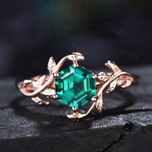 Leaf Engagement Ring Vintage Emerald Wedding Ring For Her May Birthstone Solitaire Ring Sterling Silver Personalized Birthday Gift for Woman