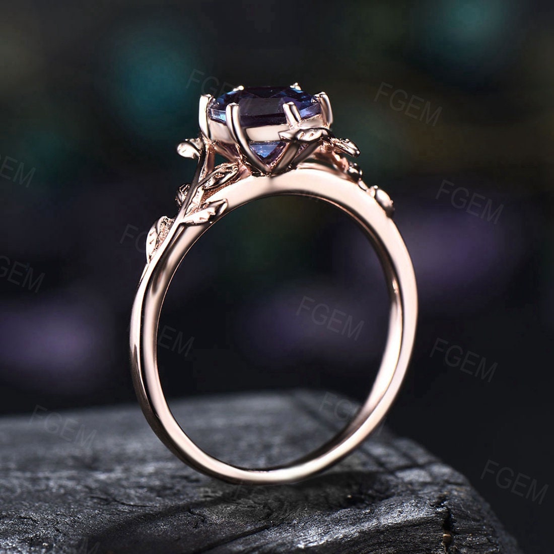 Hexagon Alexandrite Ring Vintage Sterling Silver Leaf Solitaire Ring Color Change Stone Ring Anniversary Gift Women June Birthstone Ring