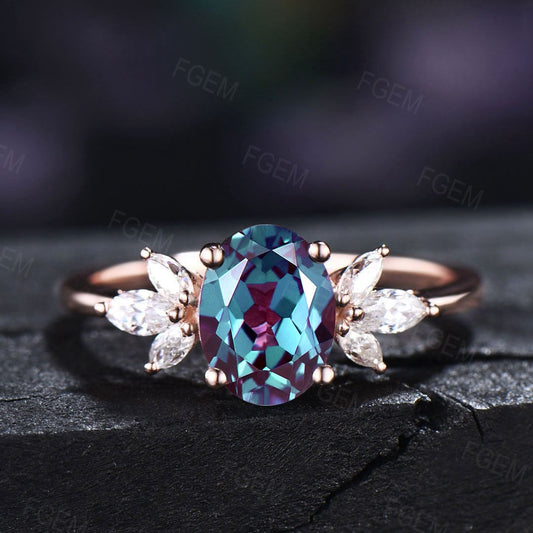 Oval Alexandrite Ring Vintage Sterling Silver Cluster Marquise Ring Rose Gold Alexandrite Engagement Ring Bridal Ring Birthday Gift Women