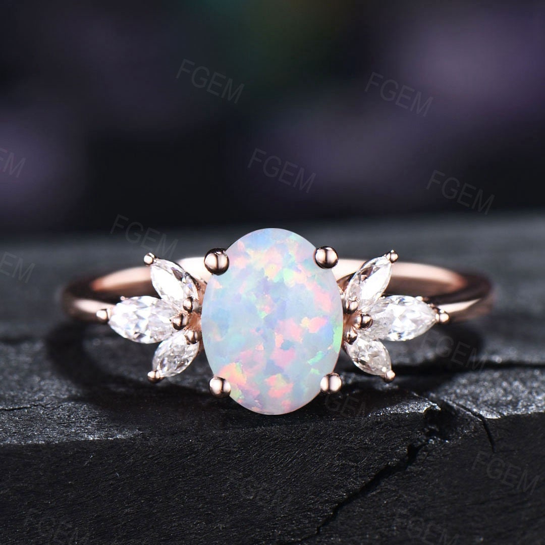 White Opal Ring for Women Rose Gold Ring Oval Opal Engagement Ring Sterling Silver CZ Diamond Cluster Ring October Birthstone Jewelry Gift Platinum
