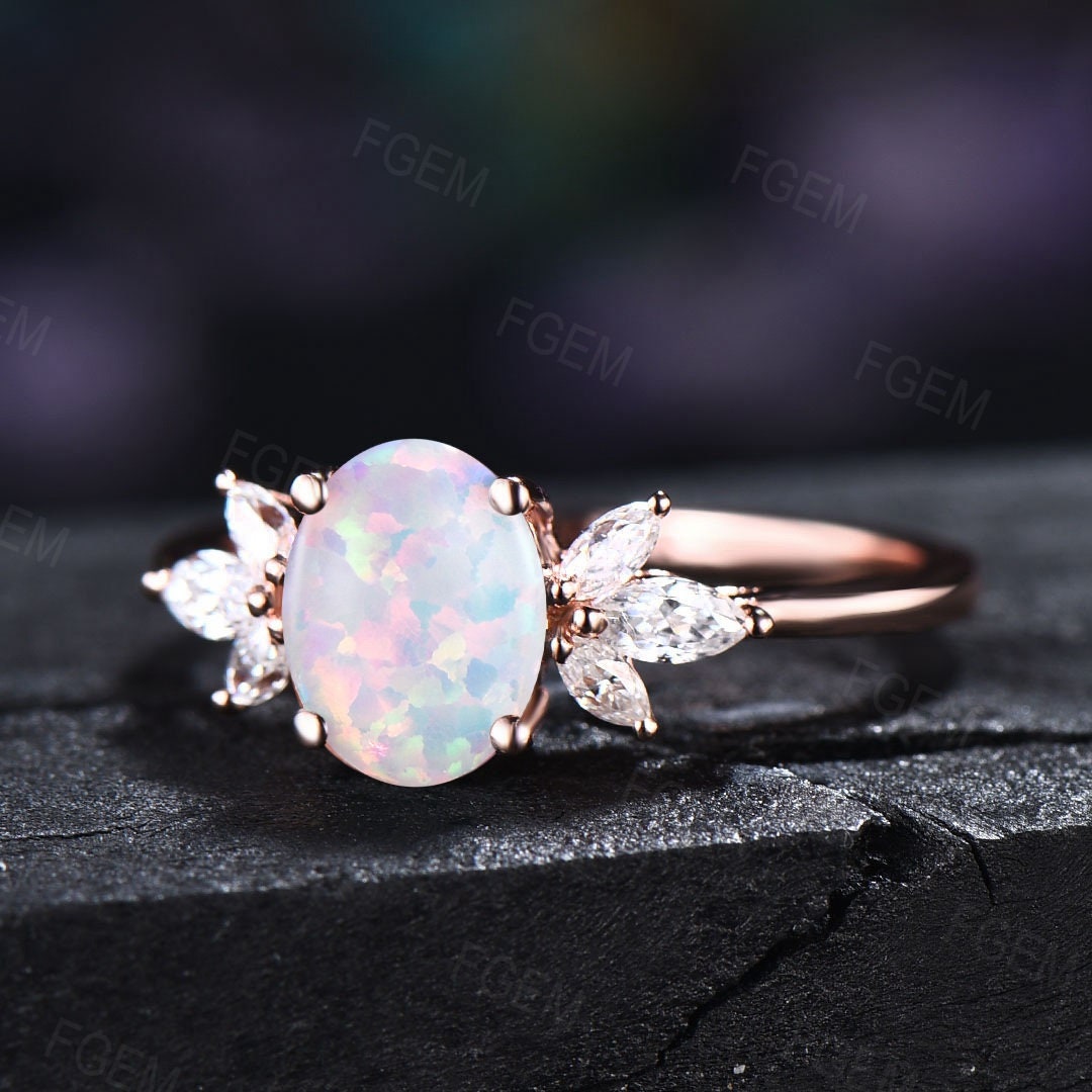 White Opal Ring for Women Rose Gold Ring Oval Opal Engagement Ring Sterling Silver CZ Diamond Cluster Ring October Birthstone Jewelry Gift