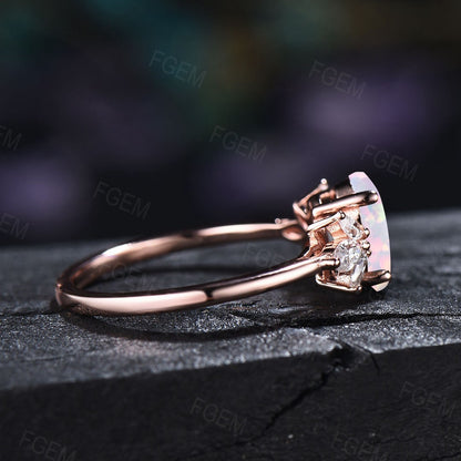 White Opal Ring for Women Rose Gold Ring Oval Opal Engagement Ring Sterling Silver CZ Diamond Cluster Ring October Birthstone Jewelry Gift