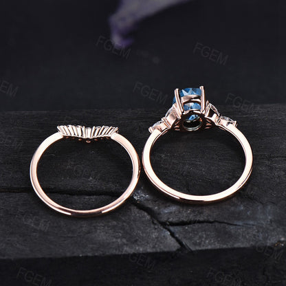 Sterling Silver Natural London Blue Topaz Ring Gemstone Ring Set Topaz Engagement Ring Set December Birthstone Ring Bridal Set Wedding Gift