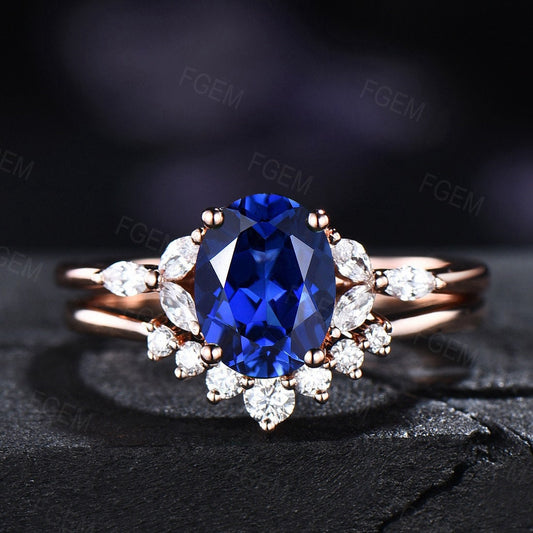 Sterling Silver Blue Sapphire Engagement Ring Set Vintage oval Sapphire Bridal Ring September Birthstone 1.5ct Gemstone Promise Ring Women
