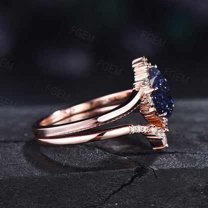 Pear Blue Sandstone Ring Set Sterling Silver Sparkly Blue Goldstone Ring Galaxy Engagement Ring Curve Wedding Band Blue Crystal Bridal Ring