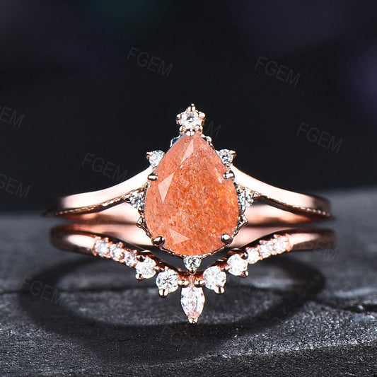 Pear Sunstone Ring Set Rose Gold Natural Sunstone Diamond Ring Orange Gemstone Engagement Rings For Women Nature Gems Ring Healing Ring Gift
