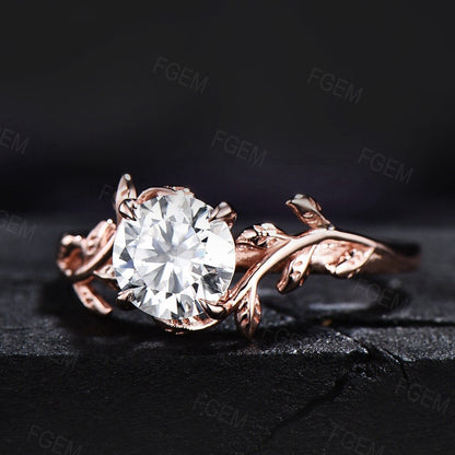 Round Cut Moissanite Ring Rose Gold Diamond Engagement Ring Leaf and Vine Gemstone Ring Solitaire Wedding Ring Bridal Anniversary Gift Women