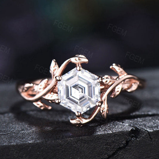 Hexagon Moissanite Ring Sterling Silver Engagement Ring Leaf Vine Solitaire Rings Diamonds Wedding Ring Bridal Anniversary Gift for Women
