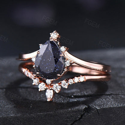 Pear Blue Sandstone Ring Set Sterling Silver Sparkly Blue Goldstone Ring Galaxy Engagement Ring Curve Wedding Band Blue Crystal Bridal Ring