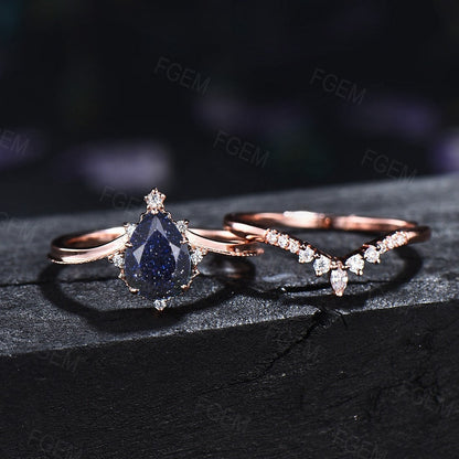 Pear Blue Sandstone Ring Set Sterling Silver Sparkly Blue Goldstone Ring Galaxy Engagement Ring Curve Wedding Band Blue Crystal Bridal Ring