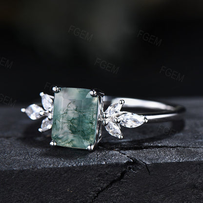 Emerald Cut Natural Moss Agate Ring Sterling Silver Cluster Promise Ring Green Crystal Ring Statement Ring for Women Proposal Birthday Gift